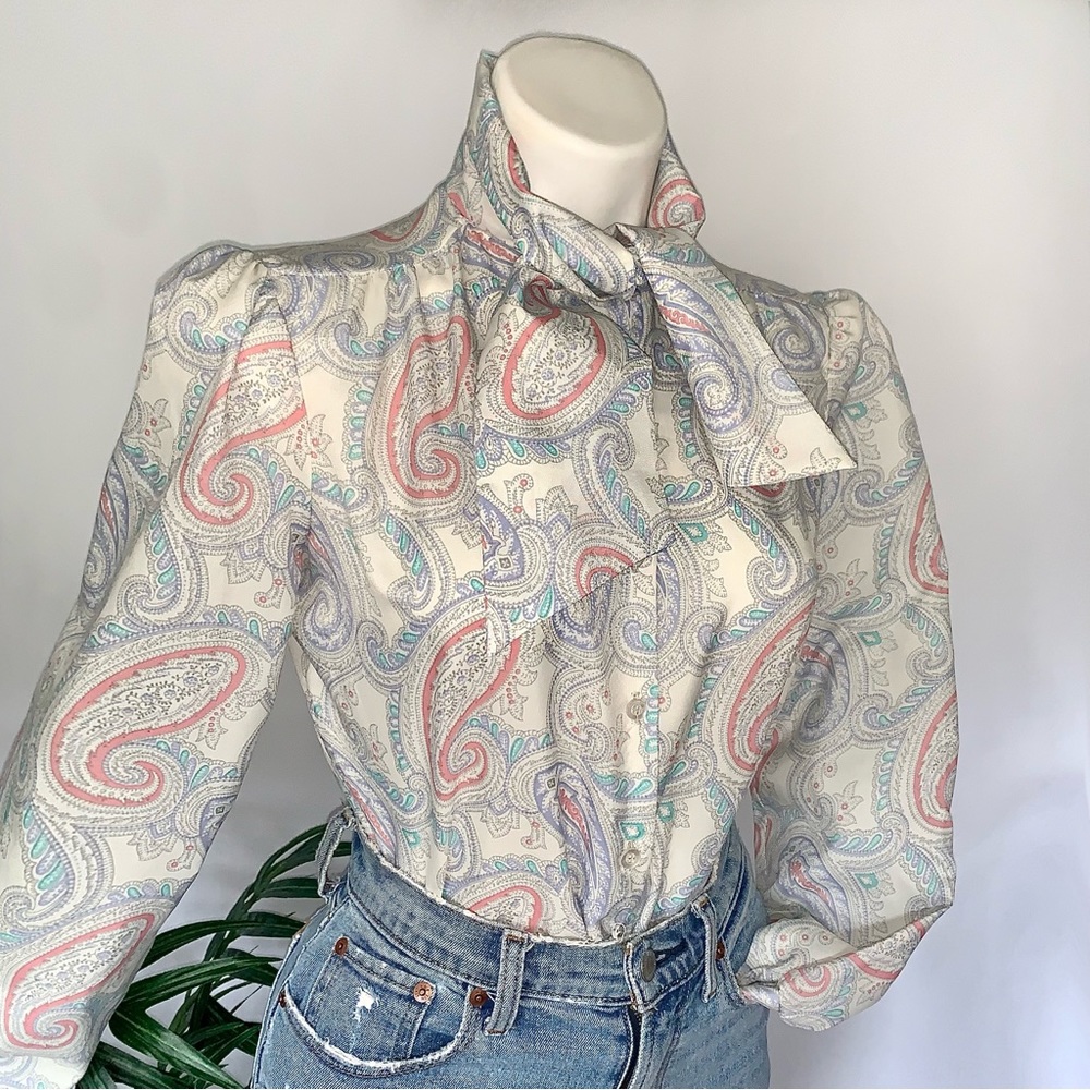 Vintage Ivory Paisley Bow Neck Blouse with Pastel Accents